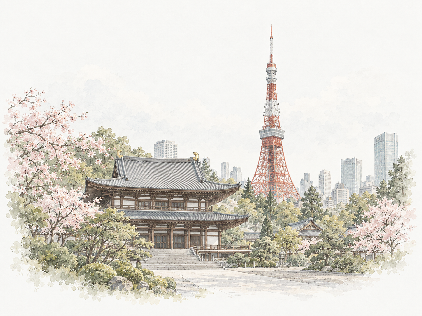 Ilustração arquitetônica em aquarela da Torre de Tóquio e de um templo tradicional da cidade