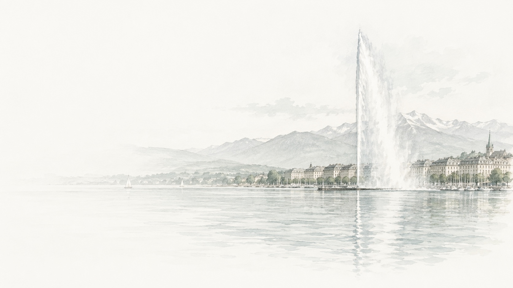 Ilustração arquitetônica em aquarela do Jet d’Eau de Genebra e do lago Léman