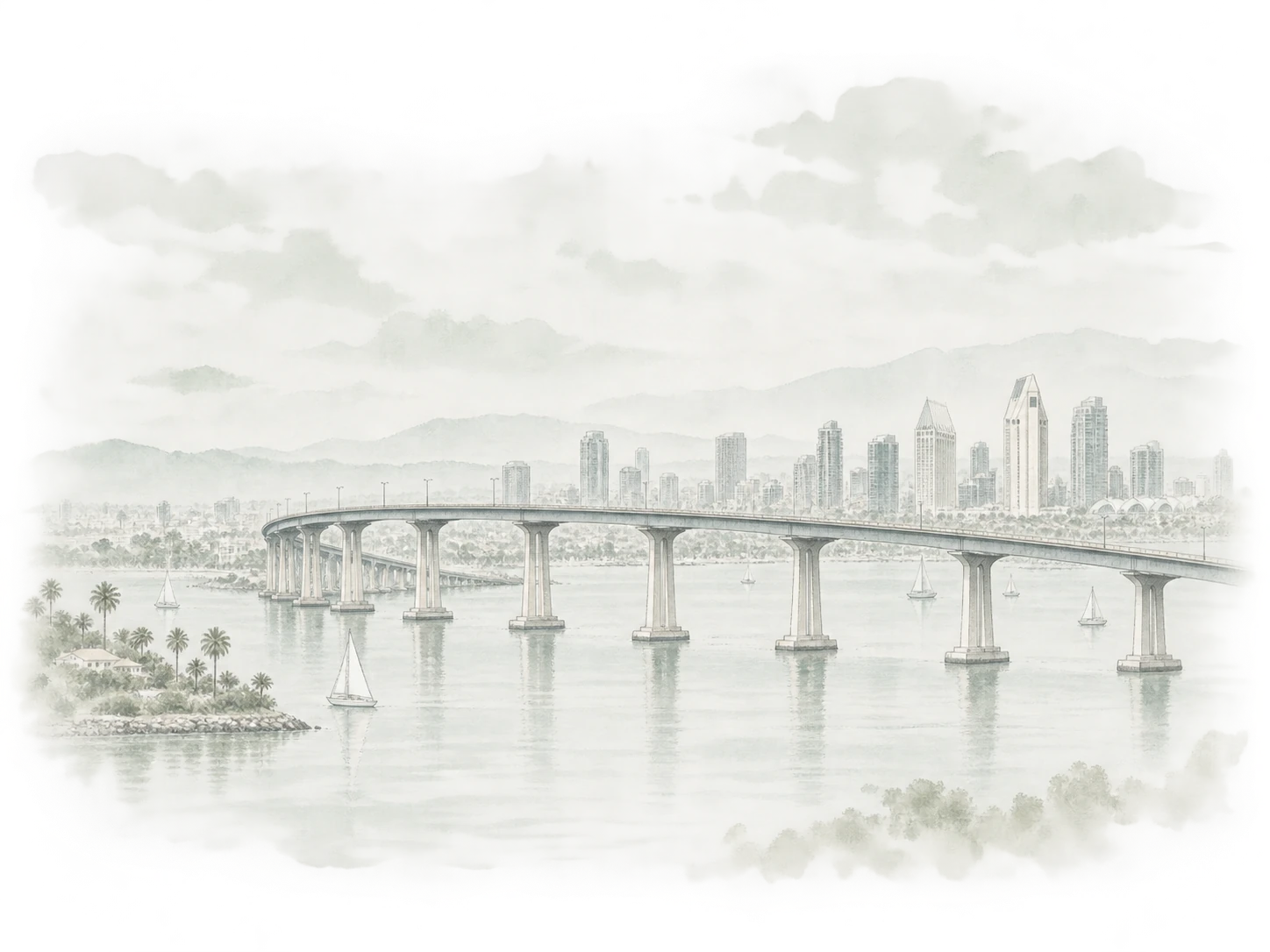 Ilustração arquitetônica em aquarela da ponte de Coronado e da paisagem urbana de San Diego